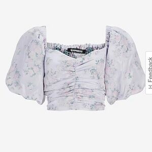 Express Floral Puff Sleeve Ruched Cropped Top